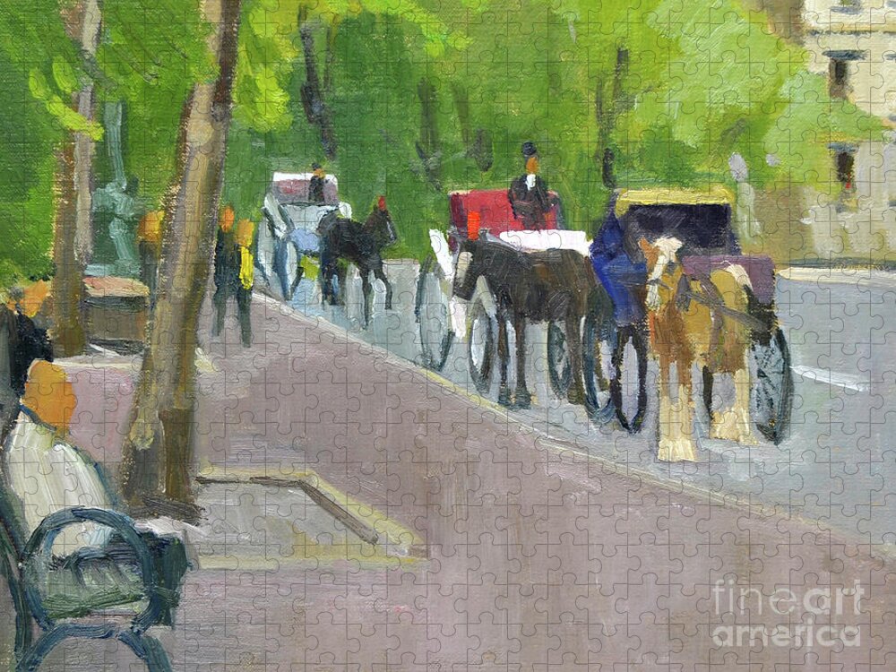 Horse Jigsaw Puzzle featuring the painting Carriages, Central Park, New York City by Paul Strahm