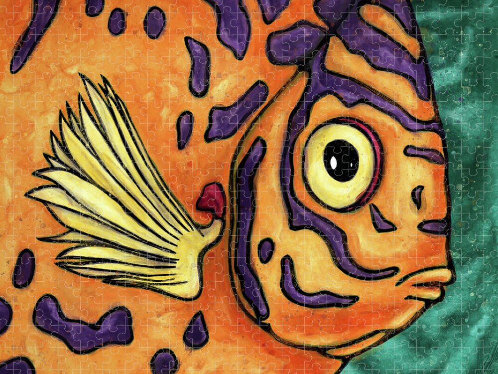 Tropical Fish Jigsaw Puzzle featuring the painting Cartoon tropical fish, vibrant funny fish painting by Nadia CHEVREL