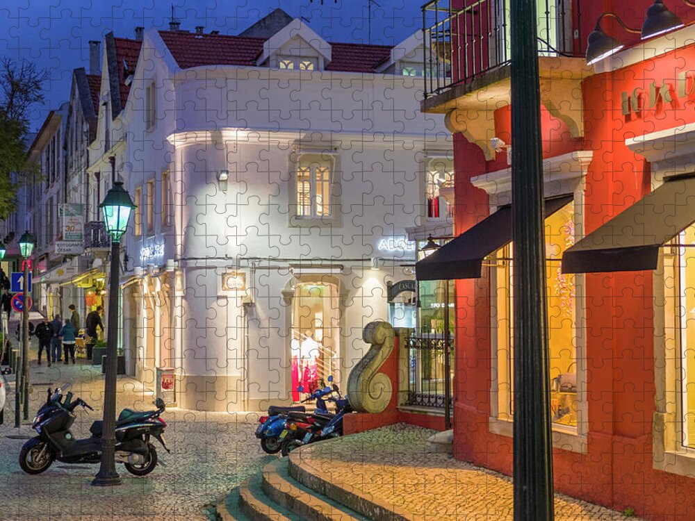 Shops Jigsaw Puzzle featuring the photograph Cascais Portugal at night by David L Moore