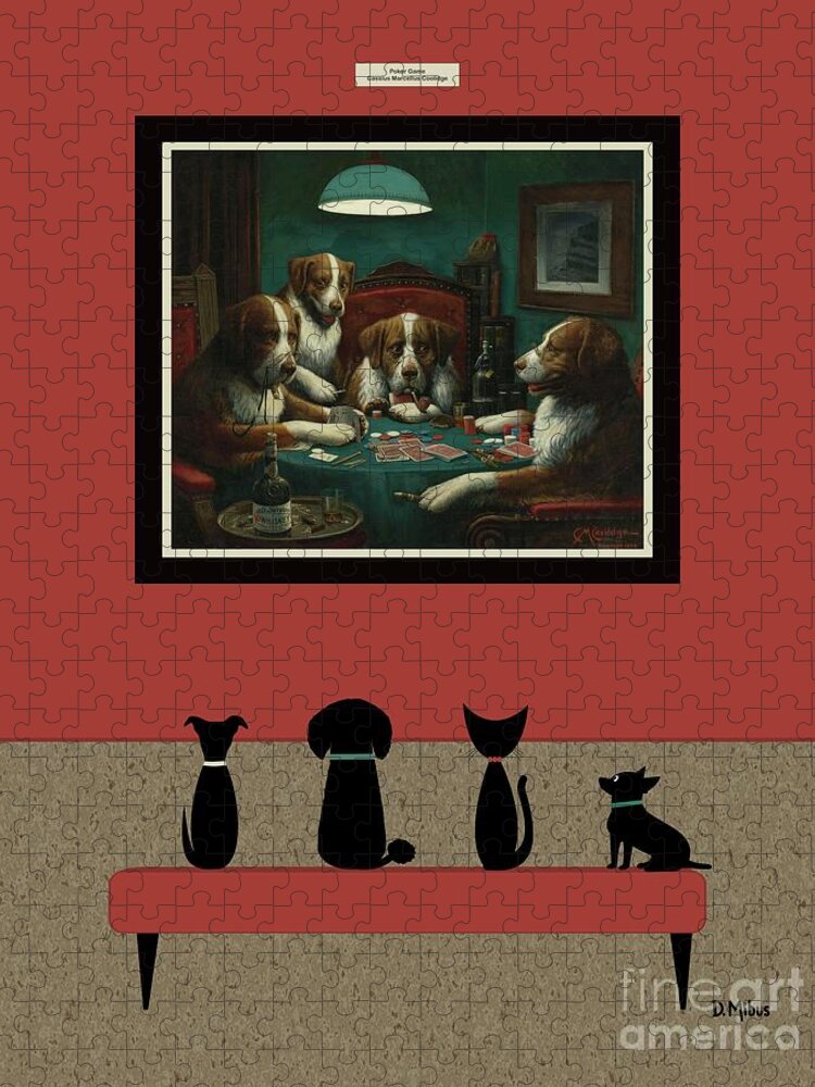 Dogs Play Poker Jigsaw Puzzle featuring the digital art Cat and Dogs Admire Poker Game Painting by Donna Mibus
