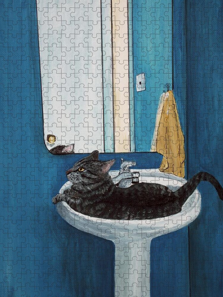 Malakhova Jigsaw Puzzle featuring the painting Cat in a Sink by Anastasiya Malakhova