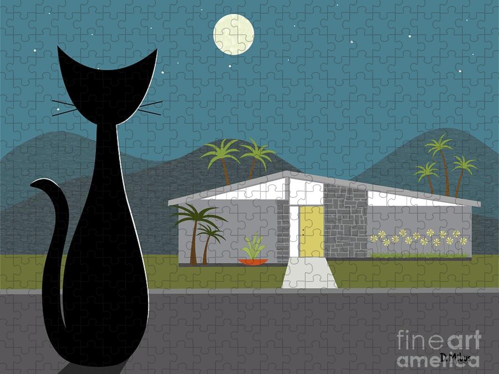 Black Cat Jigsaw Puzzle featuring the digital art Cat Looking at Gray Mid Century Modern House by Donna Mibus