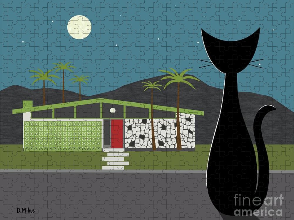 Mid Century Cat Jigsaw Puzzle featuring the digital art Cat Looking at Green Mid Century Modern House by Donna Mibus