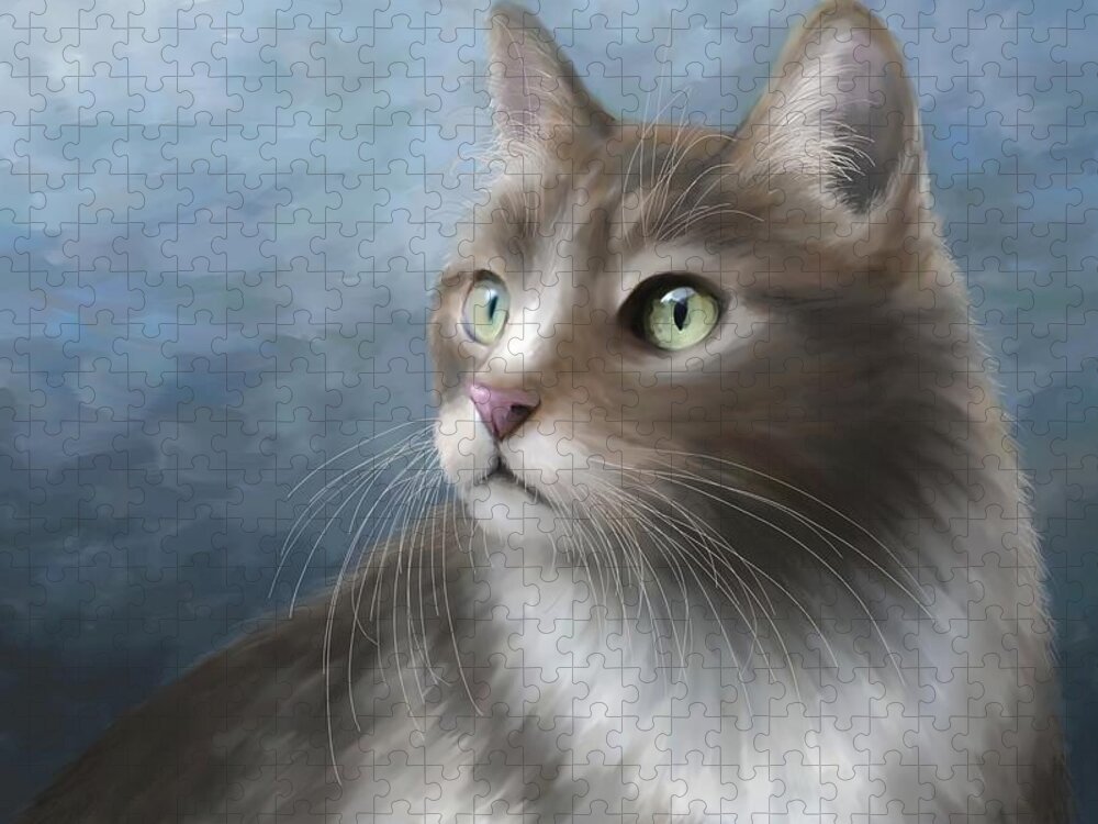 Cat Jigsaw Puzzle featuring the digital art Cat Portrait 682 by Lucie Dumas