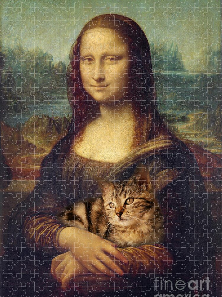 Mona Lisa Jigsaw Puzzle featuring the painting Cat portrait with Mona Lisa by Delphimages Photo Creations
