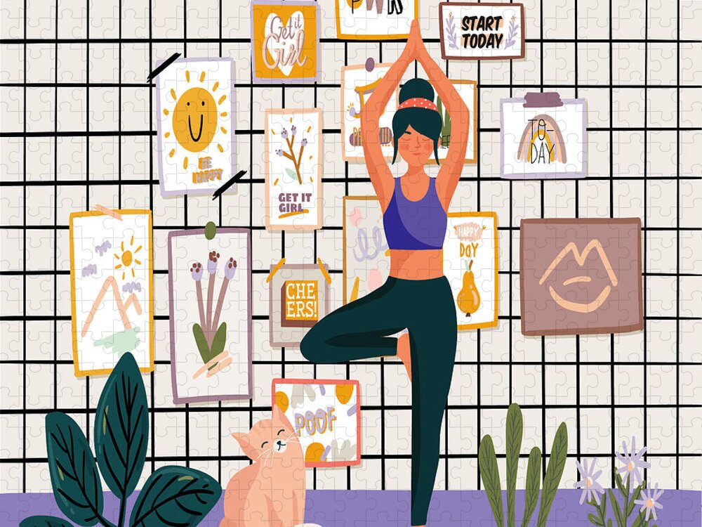 Background Jigsaw Puzzle featuring the drawing Cat yoga illustration print, Stylish scandic living room interior, plants in pot, cozy autumn season by Mounir Khalfouf
