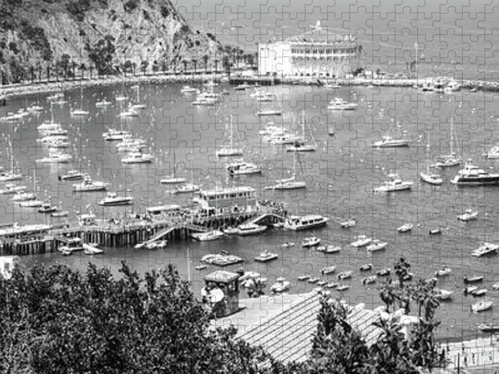America Jigsaw Puzzle featuring the photograph Catalina Island Avalon Harbor Black and White Panorama by Paul Velgos