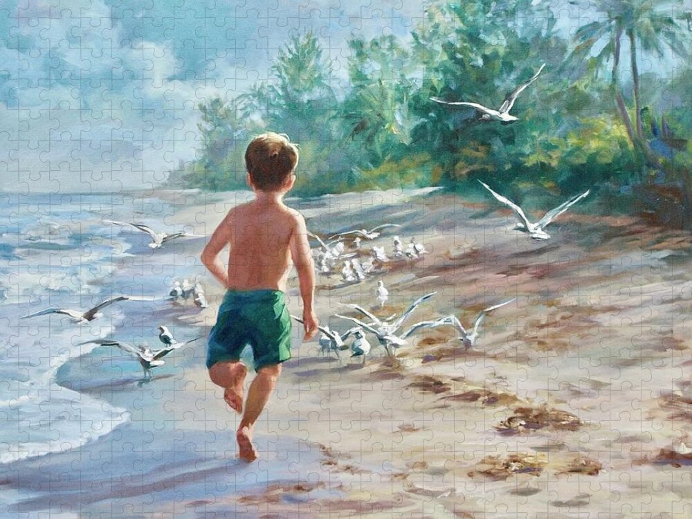 Beach Jigsaw Puzzle featuring the painting Catch them if you Can by Laurie Snow Hein