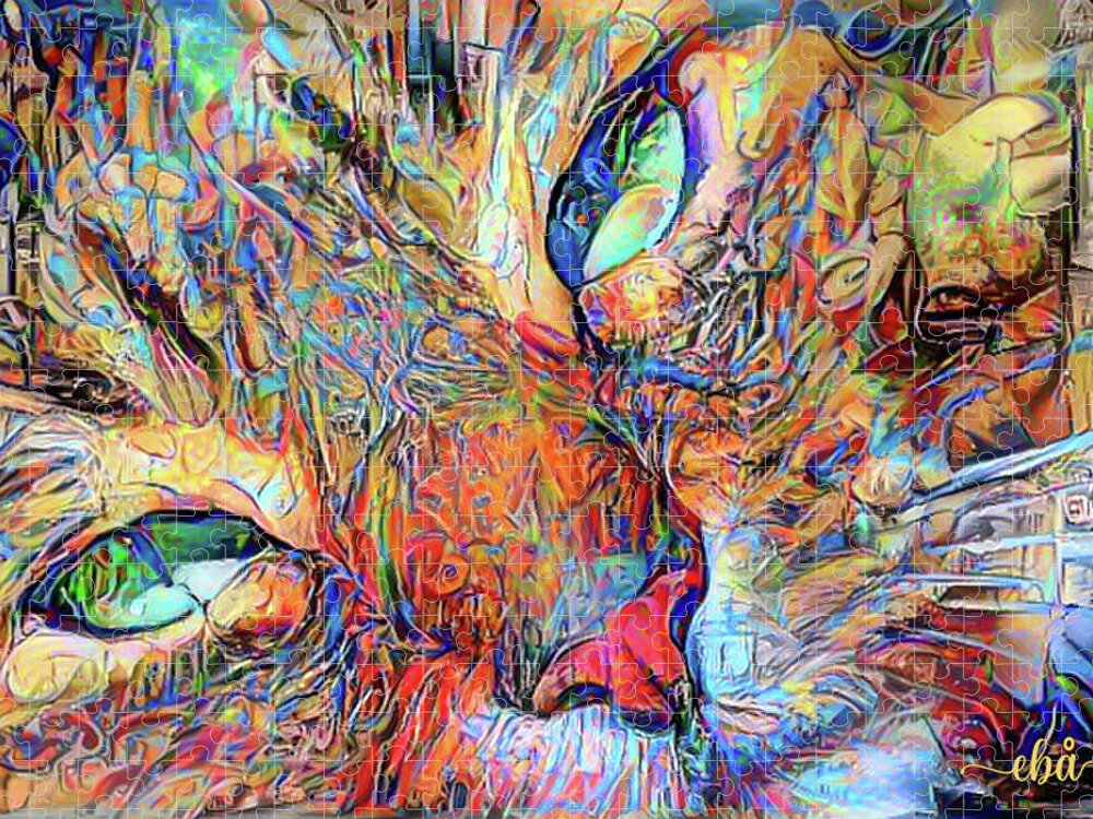 Cat Jigsaw Puzzle featuring the digital art Catou is watching by Elaine Berger