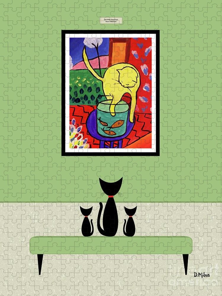 Mid Century Cat Jigsaw Puzzle featuring the digital art Cats Admire Matisse Fish Painting by Donna Mibus