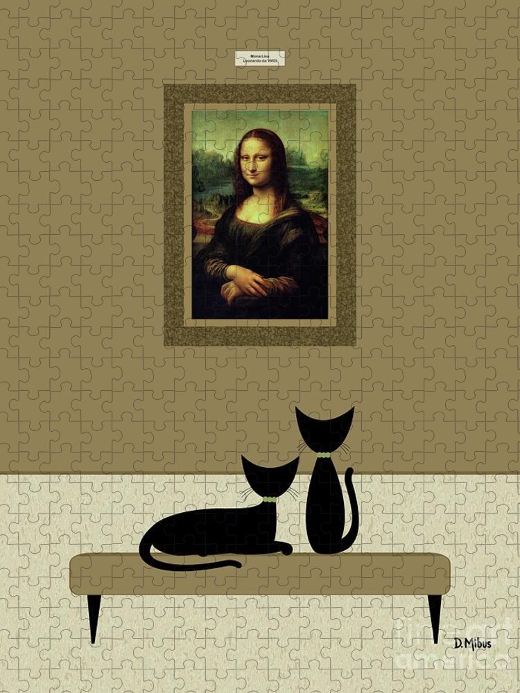 Cats Visit Art Museum Jigsaw Puzzle featuring the digital art Cats Admire the Mona Lisa by Donna Mibus