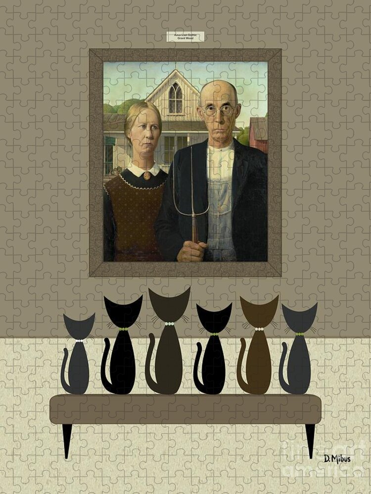 Grant Wood Jigsaw Puzzle featuring the digital art Cats Contemplate American Gothic by Donna Mibus
