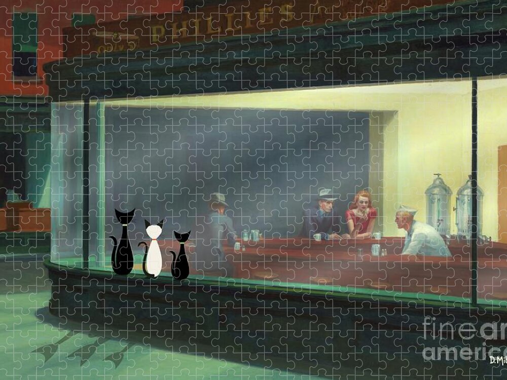 Nighthawks Jigsaw Puzzle featuring the digital art Cats Peer Into Nighthawks Diner by Donna Mibus
