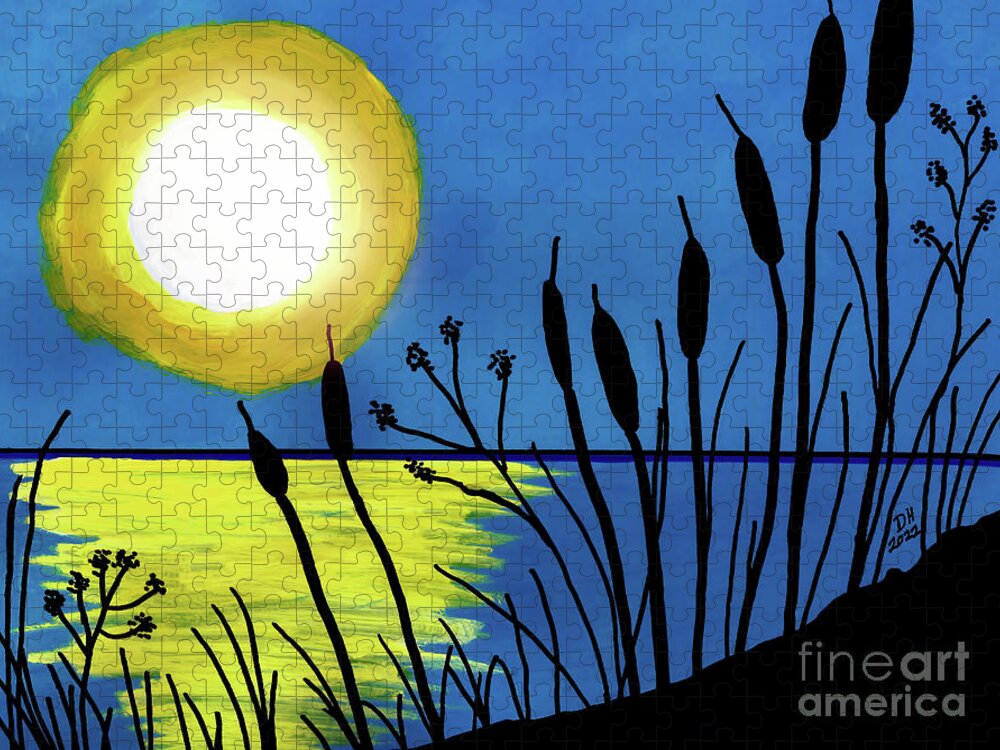 Moon Jigsaw Puzzle featuring the painting Cattails In The Moonlight by D Hackett
