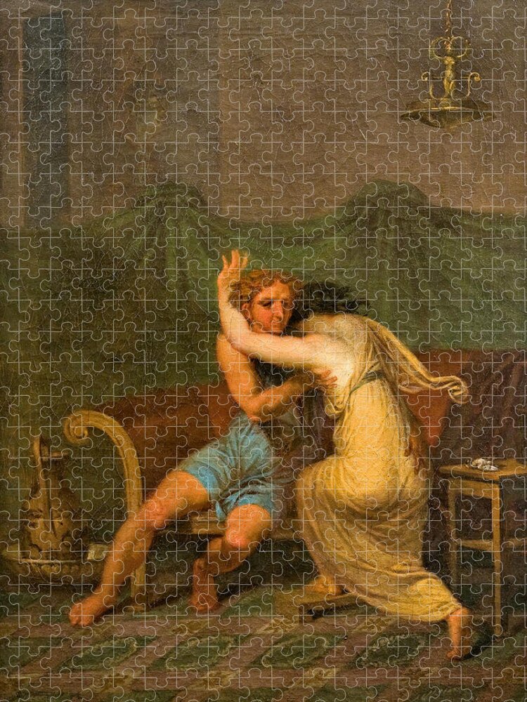 Nicolai Abildgaard Jigsaw Puzzle featuring the painting Catullus and Lesbia, who in his arms seek solace for the death of her sparrow by Nicolai Abildgaard