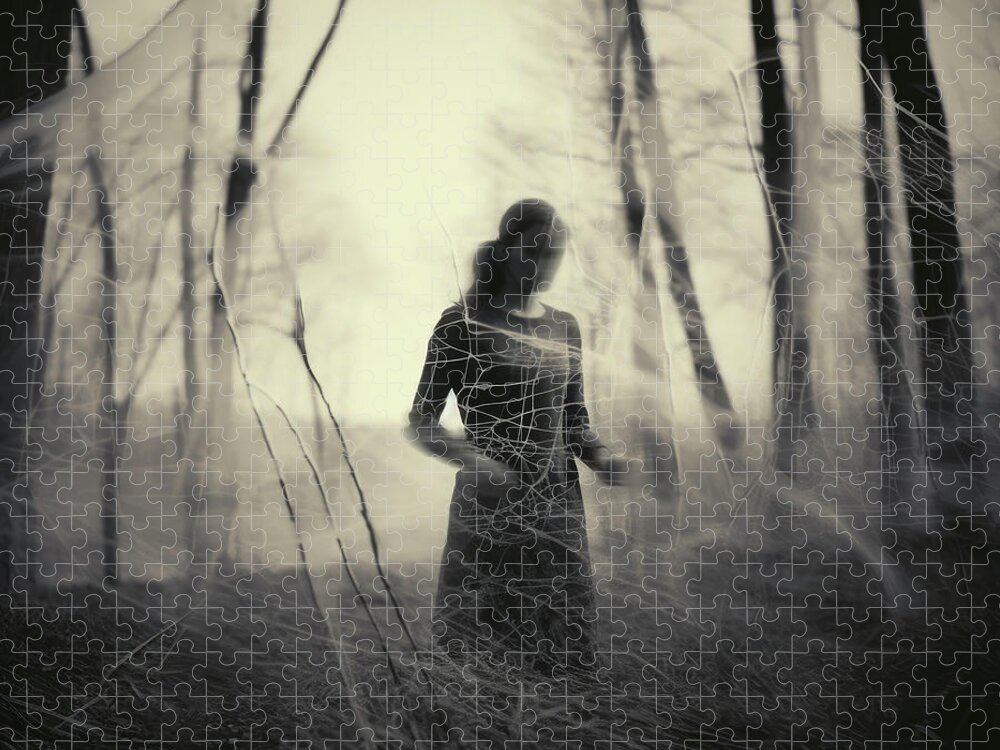 Black And White Jigsaw Puzzle featuring the digital art Cautious Walk in the Woods by YoPedro