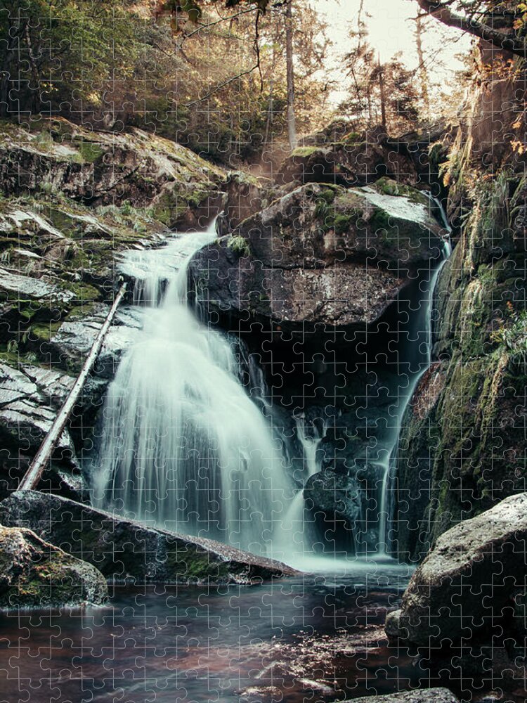 Jizera Mountains Jigsaw Puzzle featuring the photograph Cerny potok waterfall in Jizera mountains at sunset by Vaclav Sonnek