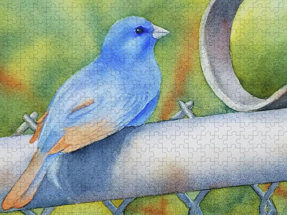 Bird Jigsaw Puzzle featuring the painting Chain Link Perch by Judy Mercer