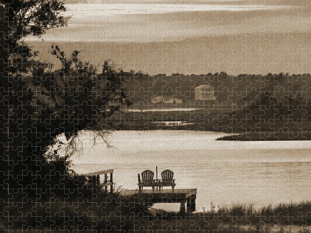 Beach Scene Jigsaw Puzzle featuring the photograph Chairs on a Dock by Mike McGlothlen