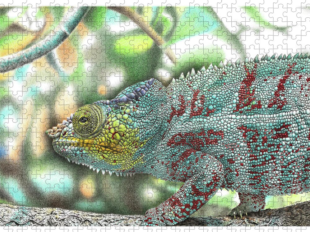 Chameleon Jigsaw Puzzle featuring the drawing Chameleon by Casey 'Remrov' Vormer