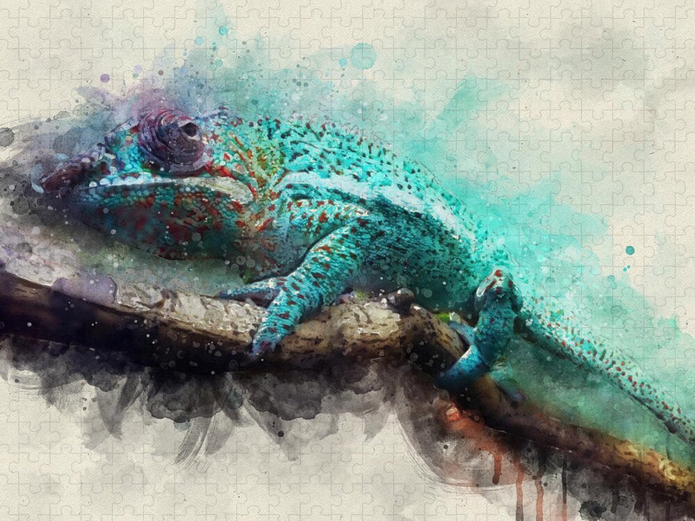 Animals Jigsaw Puzzle featuring the digital art Chameleon by Geir Rosset