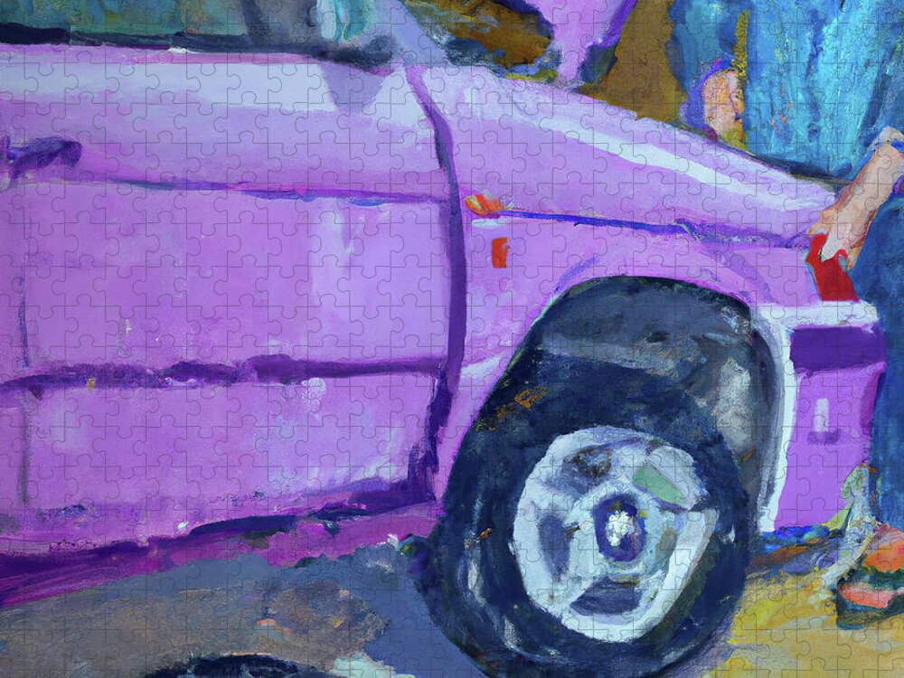 Purple Volkswagen Gulf Jigsaw Puzzle featuring the digital art Changing the tire of a Volkwagen by Cathy Anderson
