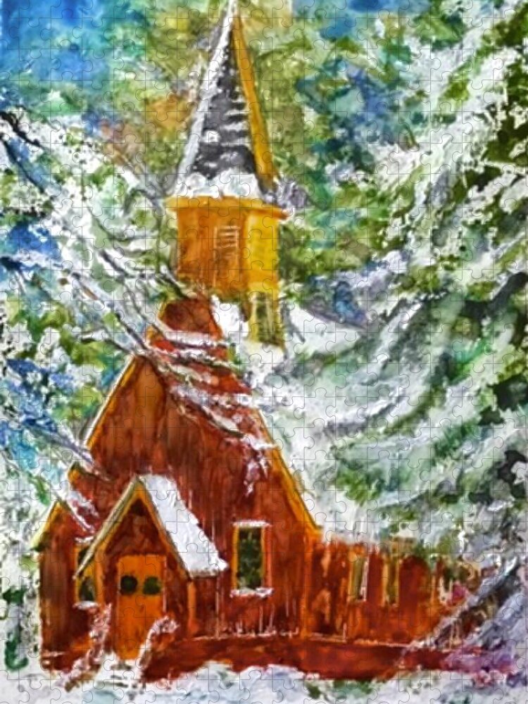 Church Jigsaw Puzzle featuring the painting Chapel by Moonllight by Cheryl Wallace