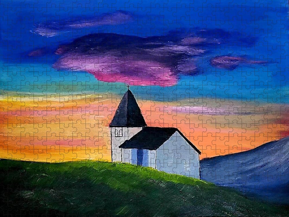 Landscape Jigsaw Puzzle featuring the painting Chapel in the Hills by Amy Kuenzie