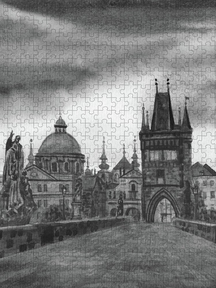 Prague Jigsaw Puzzle featuring the painting Charles Bridge Czech Republic Prague In Gray by Irina Sztukowski