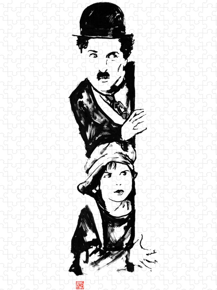 Charlie Chaplin Jigsaw Puzzle featuring the drawing Charlie And The Kid by Pechane Sumie