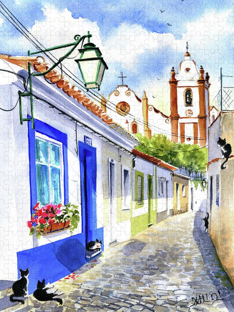 Algarve Jigsaw Puzzle featuring the painting Charming Street In Silves Algarve Portugal by Dora Hathazi Mendes