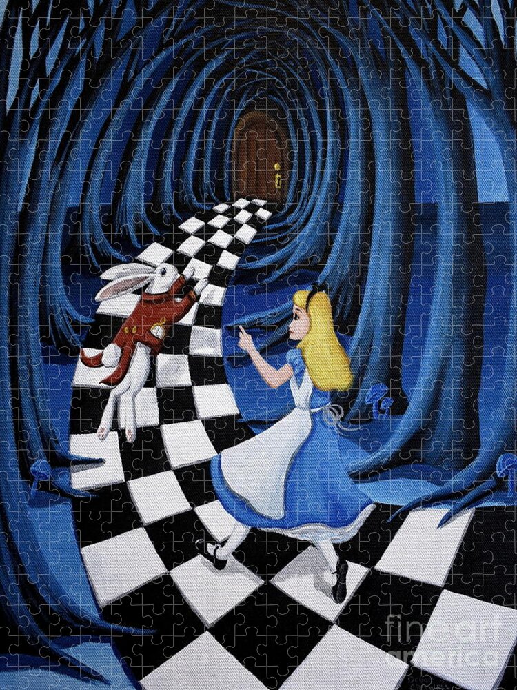 Alice In Wonderland Jigsaw Puzzle featuring the painting Chasing Rabbit Alice Wonderland by Debbie Criswell