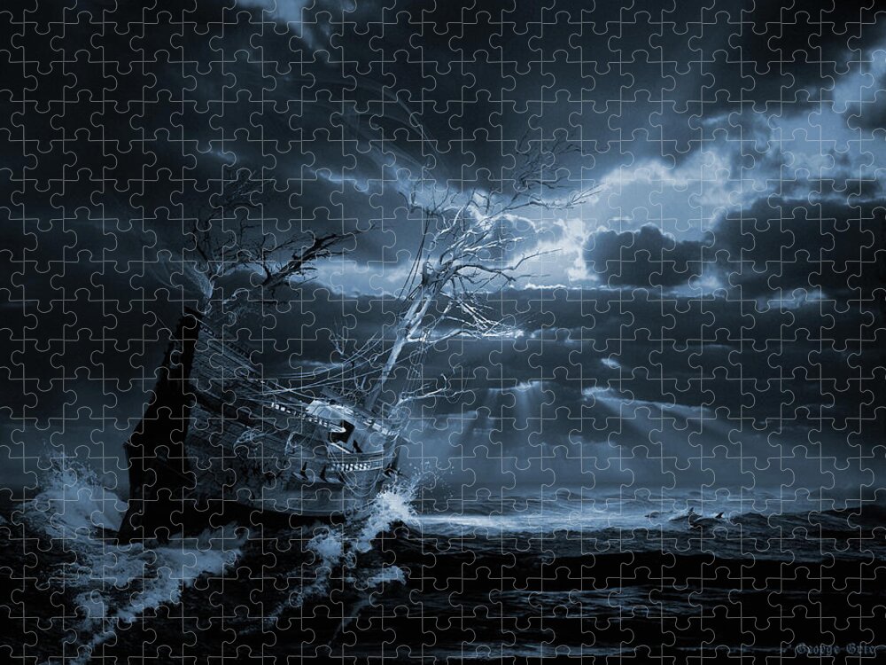 Ghost Ships Phantom Boat Supernatural Isolation Jigsaw Puzzle featuring the digital art Chasing the light Ghost ship series by George Grie