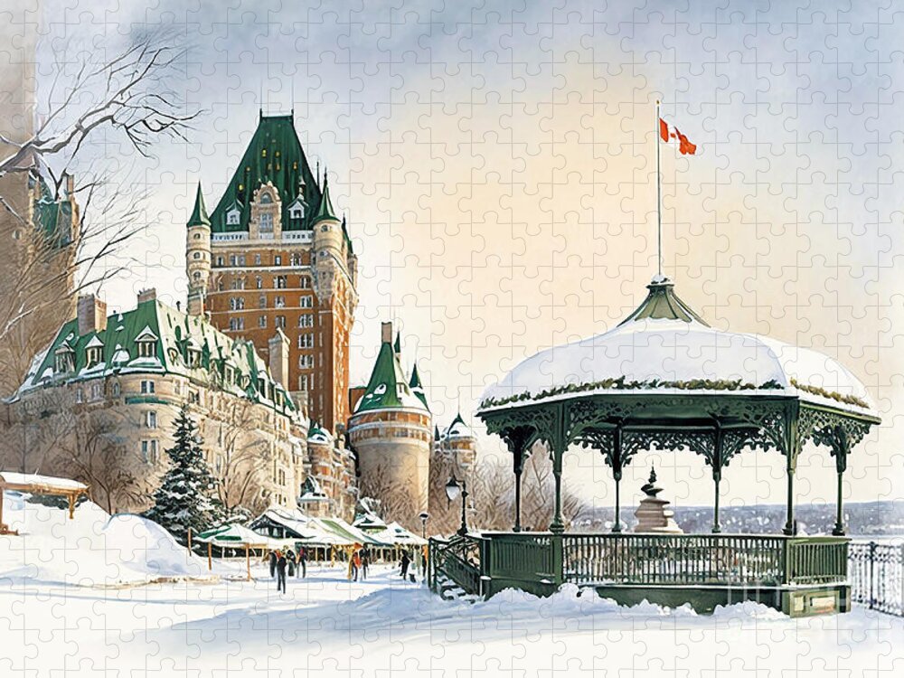 Chateau Jigsaw Puzzle featuring the painting Chateau Frontenac, Quebec City in winter watercolor by Delphimages Photo Creations