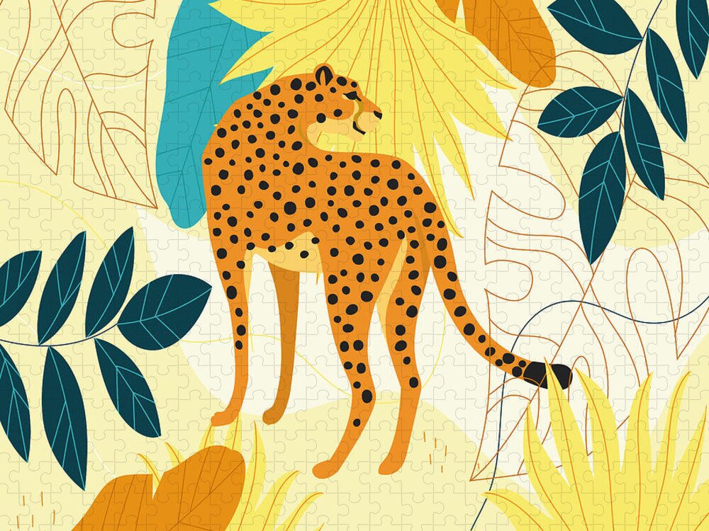 Tropic Jigsaw Puzzle featuring the drawing Cheetah colourful tropical leaves wallpaper, wildlife camouflage leopard print, trendy illustration by Mounir Khalfouf