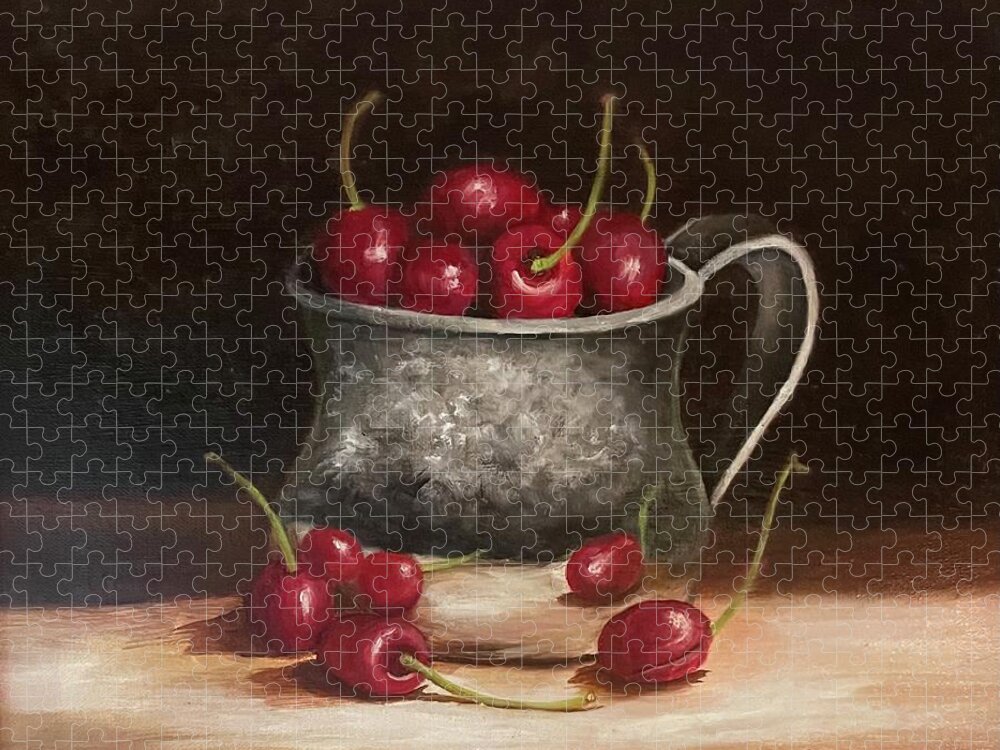 Cherries Fruit Silver Still Life Jigsaw Puzzle featuring the painting Cherries and Silver by Susan Dehlinger