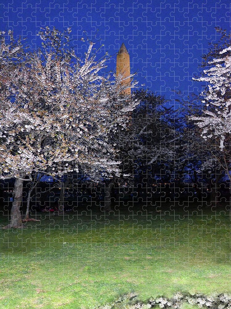 Cherry Blossom Jigsaw Puzzle featuring the photograph Cherry blossoms overlooking Washington monument 1 by Harsh Malik