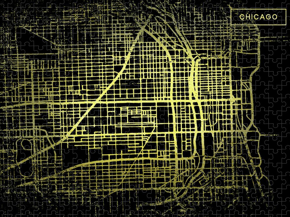 Map Jigsaw Puzzle featuring the digital art Chicago Map in Gold and Black by Sambel Pedes