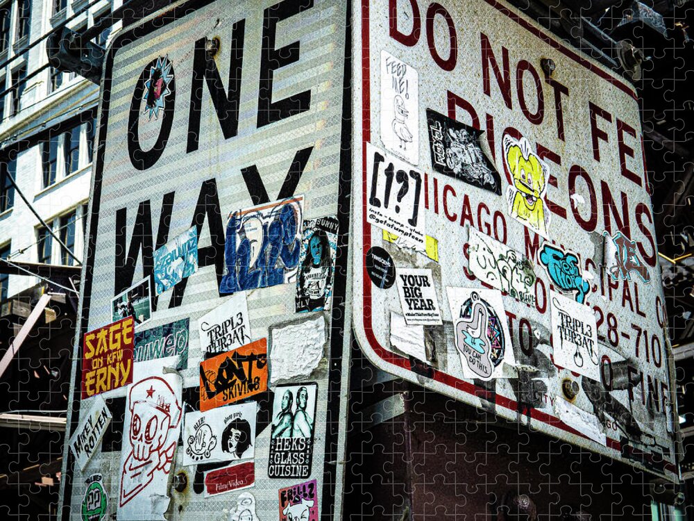 Chicago Signs Stickers One Way Do Not Feed Pigeons Jigsaw Puzzle featuring the photograph Chicago Signs with Stickers by David Morehead