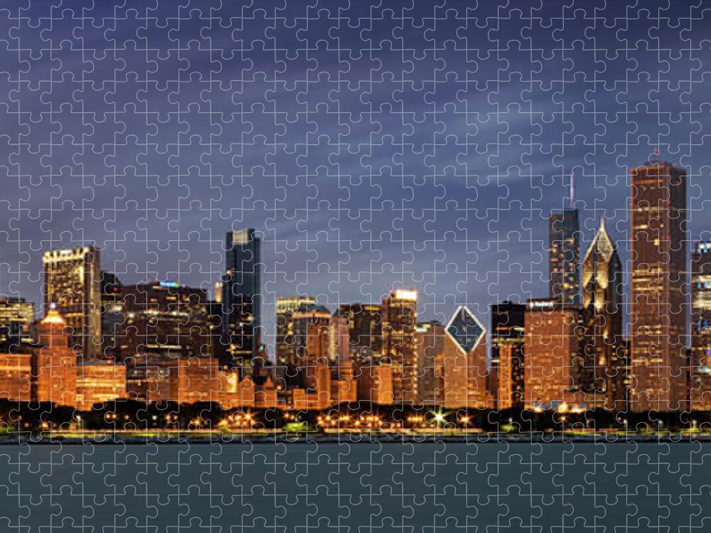 3scape Jigsaw Puzzle featuring the photograph Chicago Skyline at Night Color Panoramic by Adam Romanowicz