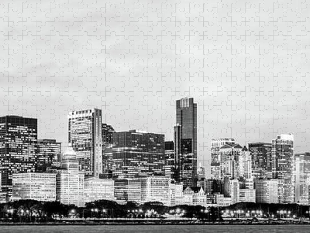 2010 Jigsaw Puzzle featuring the photograph Chicago Skyline Black and White Panoramic Photo by Paul Velgos