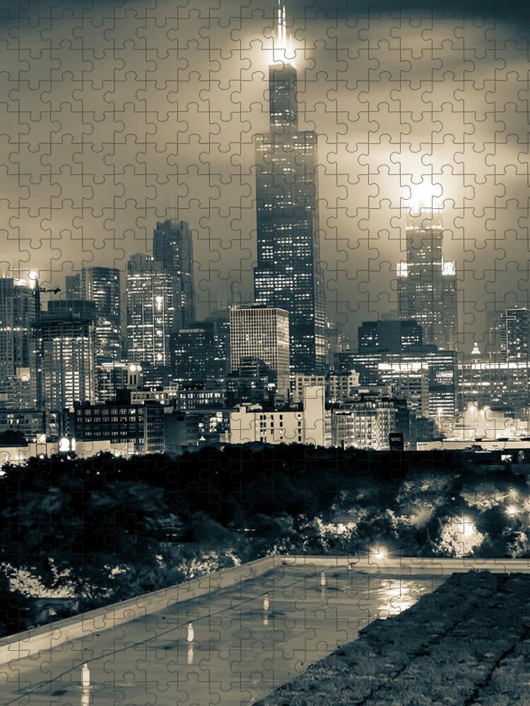 Chicago Skyline Jigsaw Puzzle featuring the photograph Chicago Skyline from the Rooftop - Sepia by Gregory Ballos