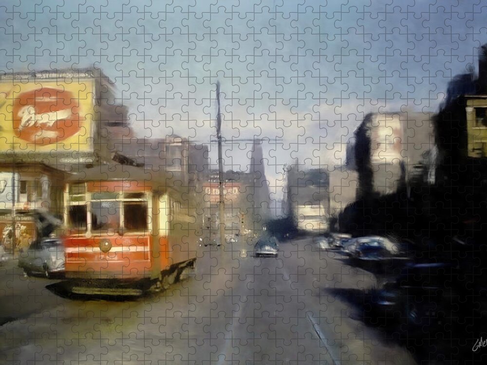 1950s Jigsaw Puzzle featuring the digital art Chicago Streetcar on Randolf near Halstead 1950s by Glenn Galen