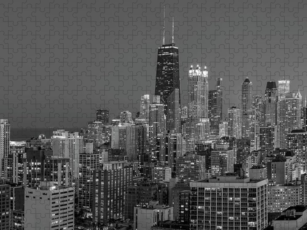 3scape Jigsaw Puzzle featuring the photograph Chicago's Streeterville at Dusk Panoramic BW by Adam Romanowicz