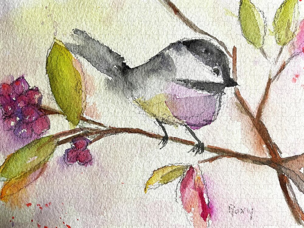 Watercolor Chickadee Jigsaw Puzzle featuring the painting Chickadee perched in a Tree by Roxy Rich