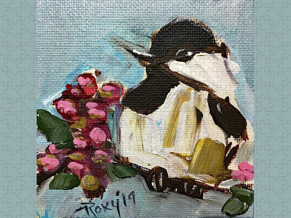 Chickadee Jigsaw Puzzle featuring the painting Chickadee with Pink Berries by Roxy Rich