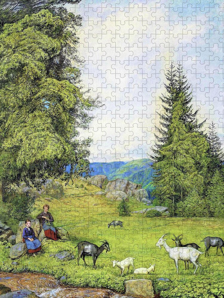 Children With Goat Herd Jigsaw Puzzle featuring the painting Children with goat herd - Digital Remastered Edition by Hans Thoma