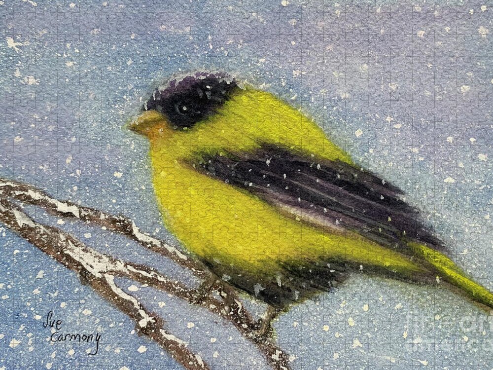 Bird Jigsaw Puzzle featuring the painting Chilly Goldfinch by Sue Carmony