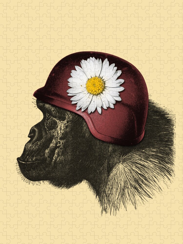 Chimp Jigsaw Puzzle featuring the digital art Chimpanzee With Helmet En Daisy by Madame Memento