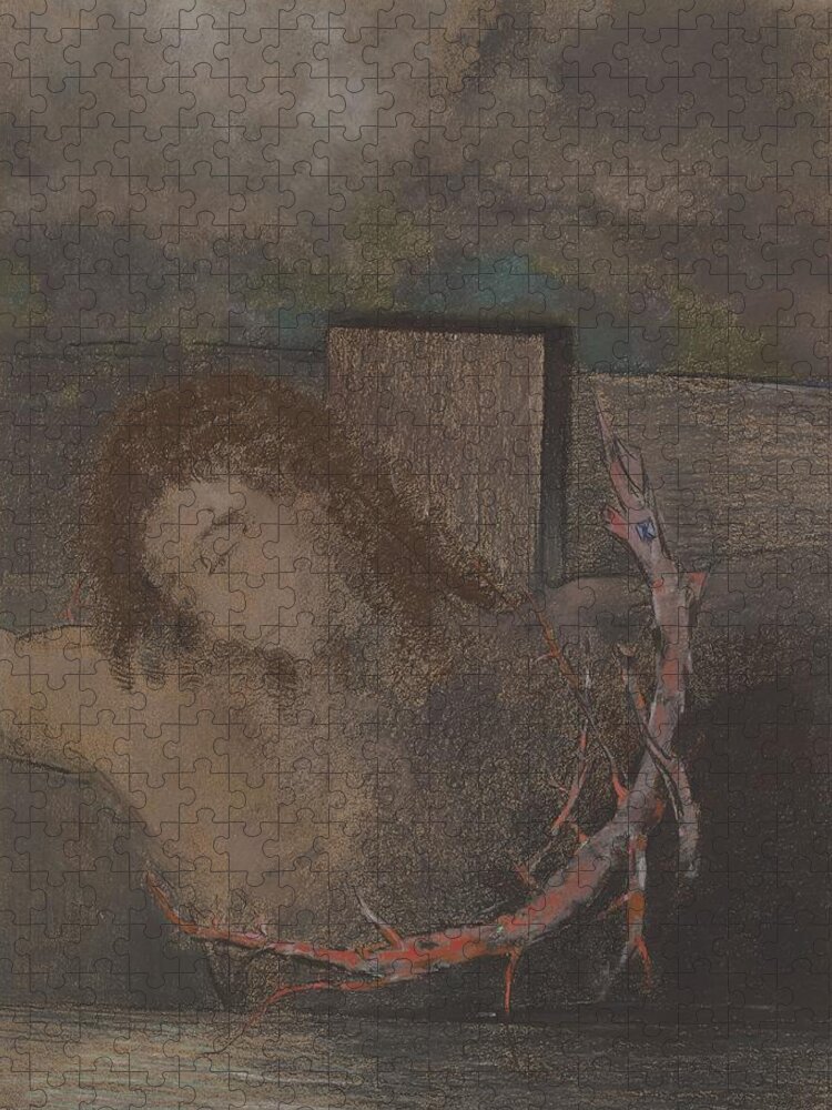  Jigsaw Puzzle featuring the drawing Christ Crucified by Odilon Redon